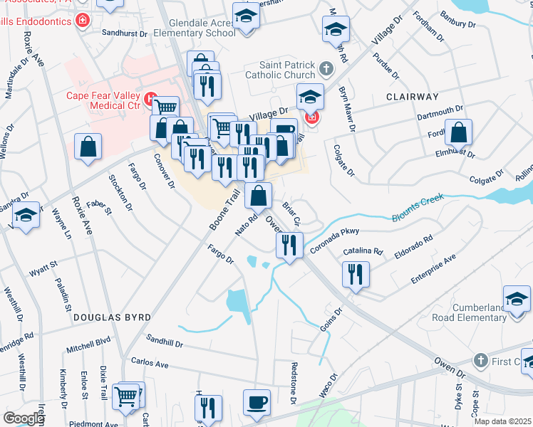 map of restaurants, bars, coffee shops, grocery stores, and more near 1919 Owen Drive in Fayetteville