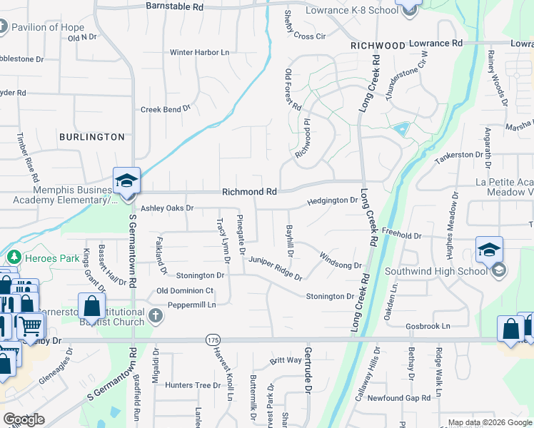 map of restaurants, bars, coffee shops, grocery stores, and more near 7465 Hedgington Drive in Memphis