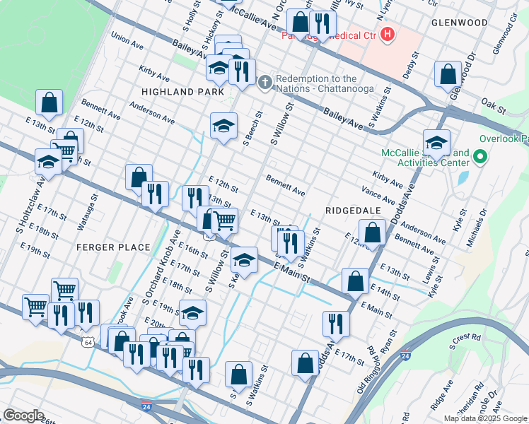 map of restaurants, bars, coffee shops, grocery stores, and more near 2113 East 13th Street in Chattanooga