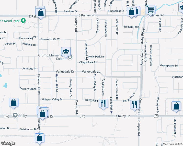 map of restaurants, bars, coffee shops, grocery stores, and more near 6189 Valleydale Drive in Memphis