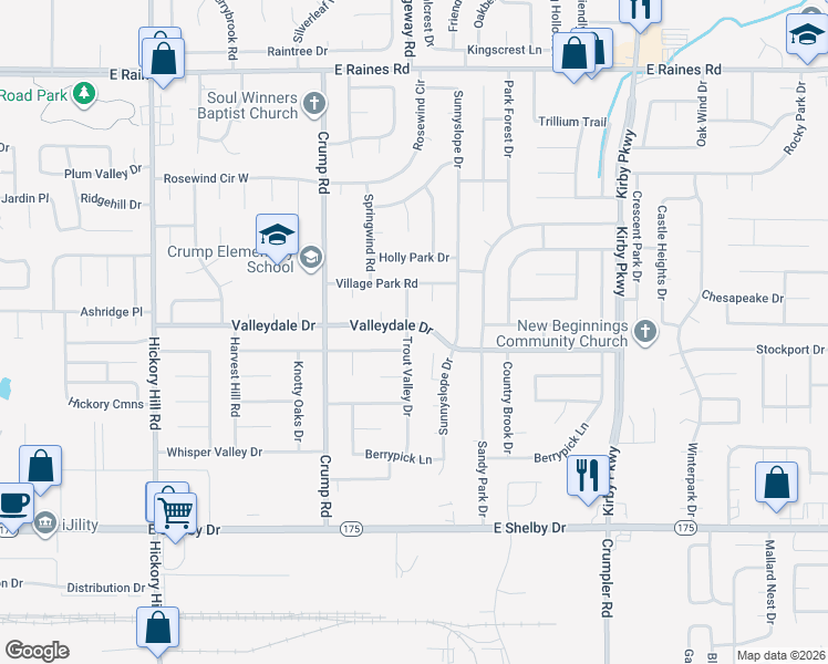 map of restaurants, bars, coffee shops, grocery stores, and more near 6227 Valleydale Drive in Memphis