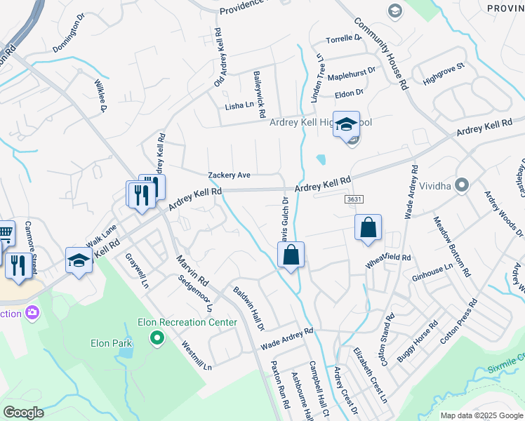 map of restaurants, bars, coffee shops, grocery stores, and more near 9925 Empire Woods Court in Charlotte