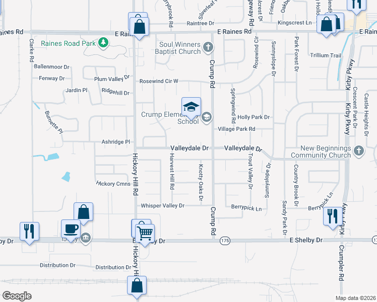 map of restaurants, bars, coffee shops, grocery stores, and more near 6039 Valleydale Drive in Memphis