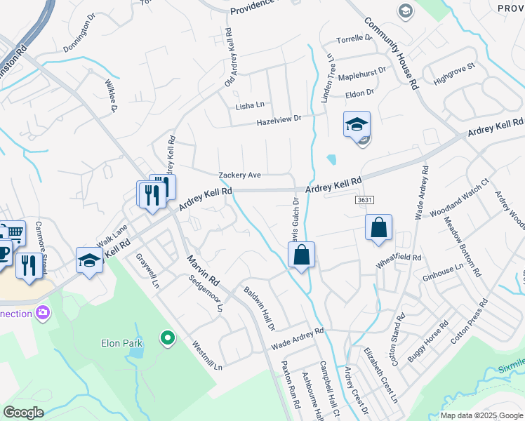 map of restaurants, bars, coffee shops, grocery stores, and more near 17119 Cambridge Woods Court in Charlotte