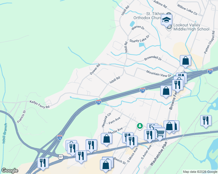 map of restaurants, bars, coffee shops, grocery stores, and more near 130 Isbill Road in Chattanooga