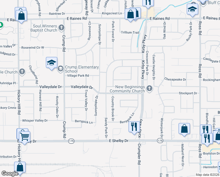 map of restaurants, bars, coffee shops, grocery stores, and more near 6309 Golden Park Drive in Memphis