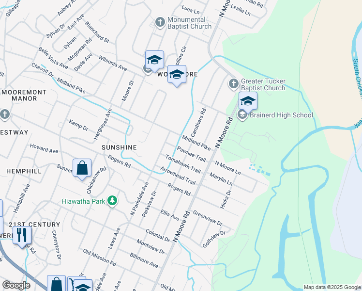 map of restaurants, bars, coffee shops, grocery stores, and more near 4717 Pawnee Trail in Chattanooga