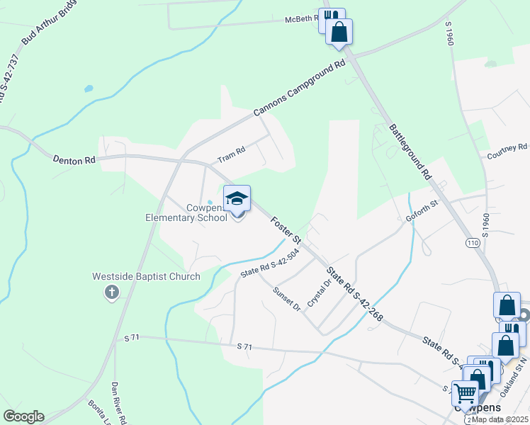 map of restaurants, bars, coffee shops, grocery stores, and more near 341 Foster Street in Cowpens