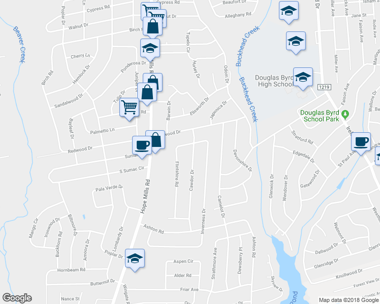 map of restaurants, bars, coffee shops, grocery stores, and more near 1608 Cawdor Drive in Fayetteville