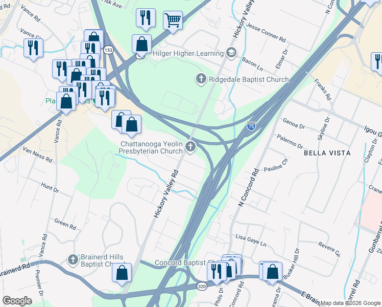 map of restaurants, bars, coffee shops, grocery stores, and more near 1622 Hickory Valley Road in Chattanooga