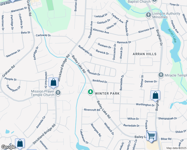 map of restaurants, bars, coffee shops, grocery stores, and more near 6467 Rhemish Drive in Fayetteville