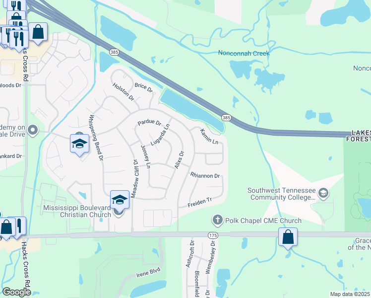 map of restaurants, bars, coffee shops, grocery stores, and more near 4465 Alixs Drive in Memphis