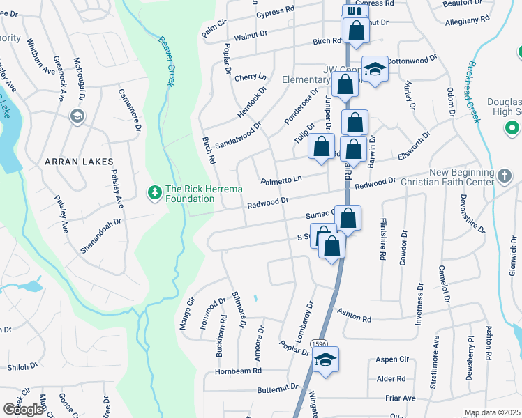 map of restaurants, bars, coffee shops, grocery stores, and more near 5213 Redwood Drive in Fayetteville
