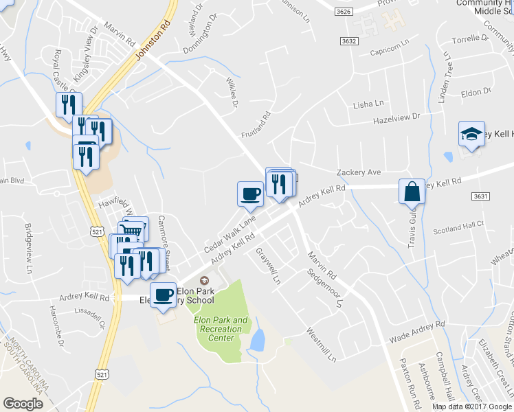 map of restaurants, bars, coffee shops, grocery stores, and more near 11016 Cedar Walk Lane in Charlotte