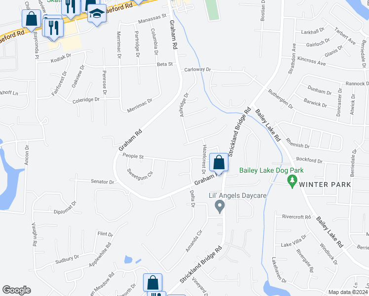 map of restaurants, bars, coffee shops, grocery stores, and more near 3509 Beckford Lane in Fayetteville