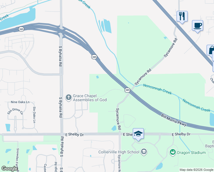 map of restaurants, bars, coffee shops, grocery stores, and more near 11412 Sycamore Farms Road in Collierville