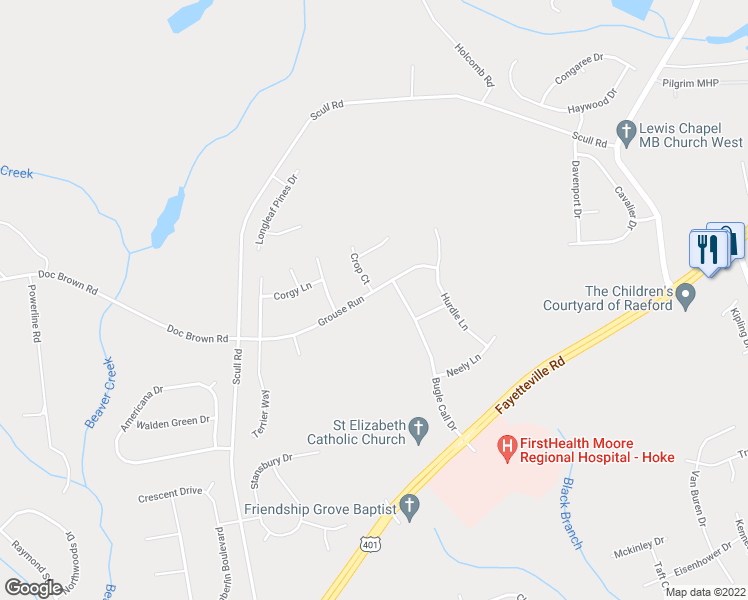 map of restaurants, bars, coffee shops, grocery stores, and more near 205 Grouse Run in Raeford