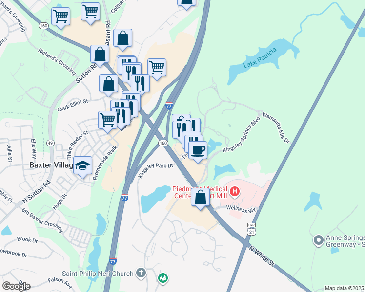 map of restaurants, bars, coffee shops, grocery stores, and more near 1365 Broadcloth Street in Fort Mill