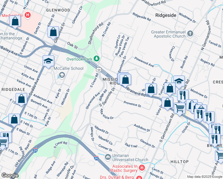 map of restaurants, bars, coffee shops, grocery stores, and more near 3130 Rosemont Drive in Chattanooga
