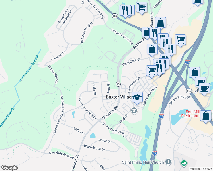 map of restaurants, bars, coffee shops, grocery stores, and more near 337 Elis Way in Fort Mill
