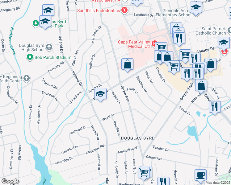map of restaurants, bars, coffee shops, grocery stores, and more near 1809 Wayne Lane in Fayetteville