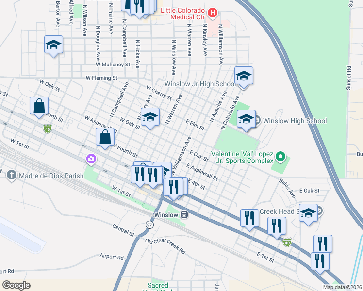 map of restaurants, bars, coffee shops, grocery stores, and more near 521 North Williamson Avenue in Winslow