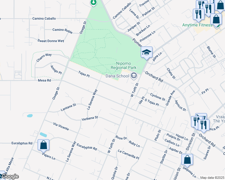 map of restaurants, bars, coffee shops, grocery stores, and more near 210 Mesa Road in Nipomo