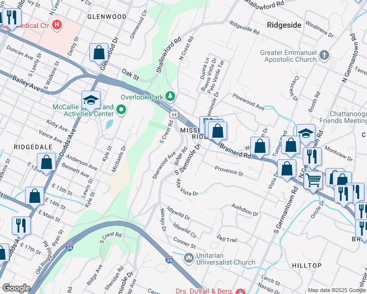 map of restaurants, bars, coffee shops, grocery stores, and more near 110 Sherwood Avenue in Chattanooga
