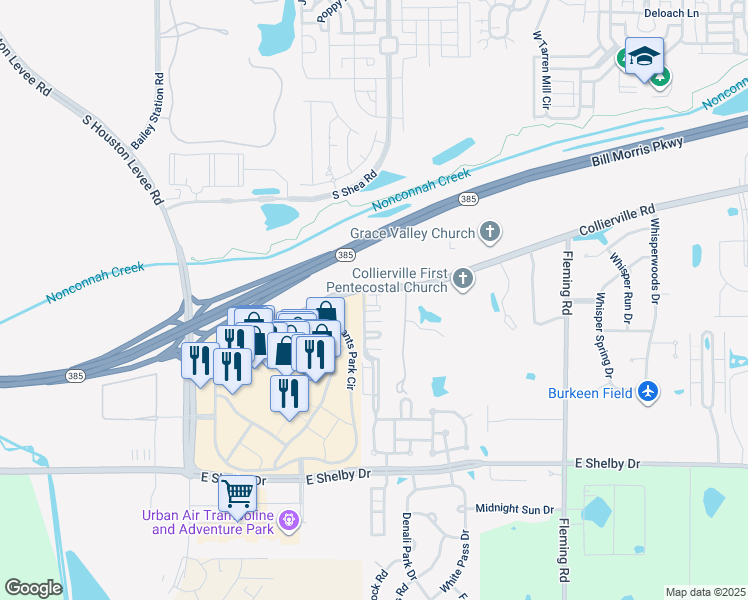 map of restaurants, bars, coffee shops, grocery stores, and more near 10432 Sunnybrook Circle in Collierville