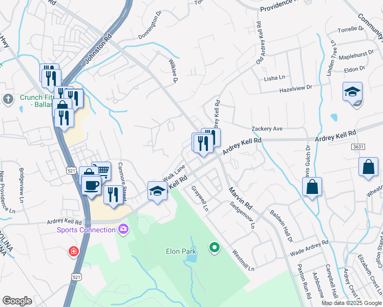 map of restaurants, bars, coffee shops, grocery stores, and more near 11016 Cedar Walk Lane in Charlotte