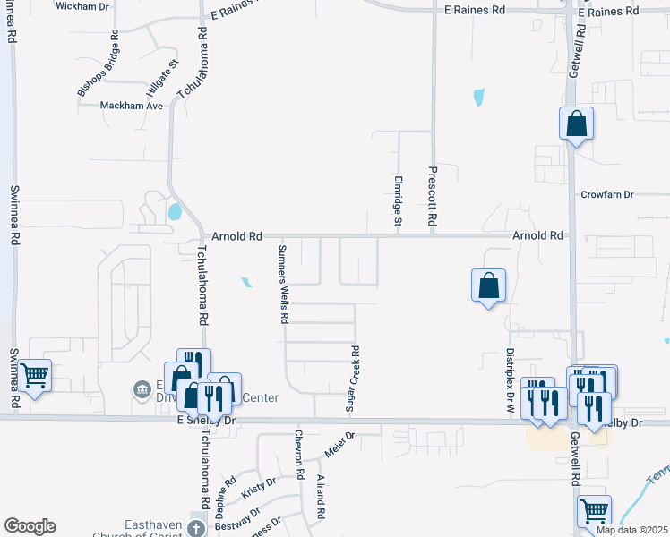 map of restaurants, bars, coffee shops, grocery stores, and more near 4457 White Sands Street in Memphis