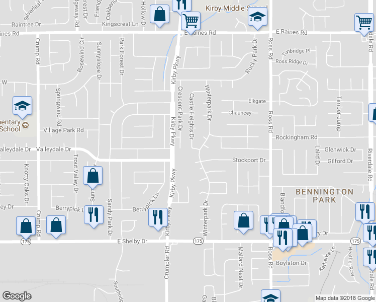 map of restaurants, bars, coffee shops, grocery stores, and more near 4455 Castle Heights Drive in Memphis