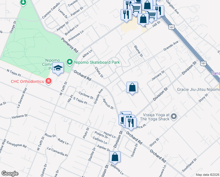 map of restaurants, bars, coffee shops, grocery stores, and more near 890 Peregrine Lane in Nipomo