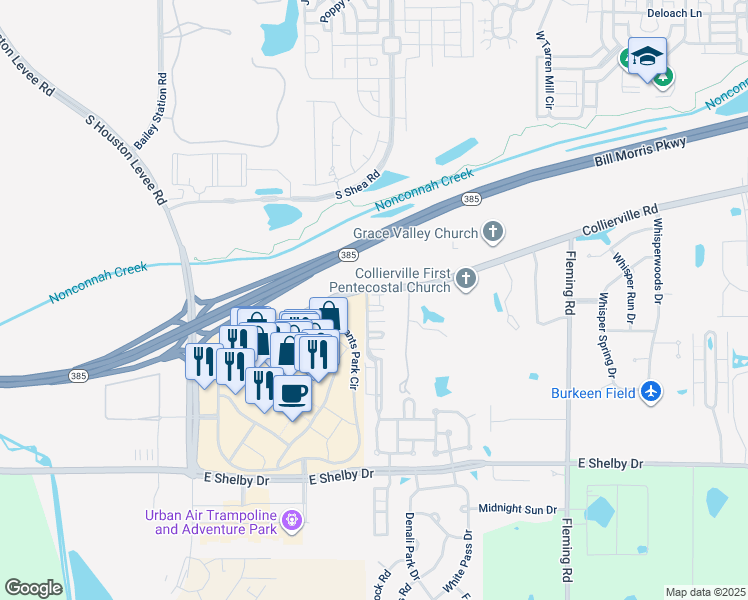 map of restaurants, bars, coffee shops, grocery stores, and more near 10432 Sunnybrook Circle in Collierville