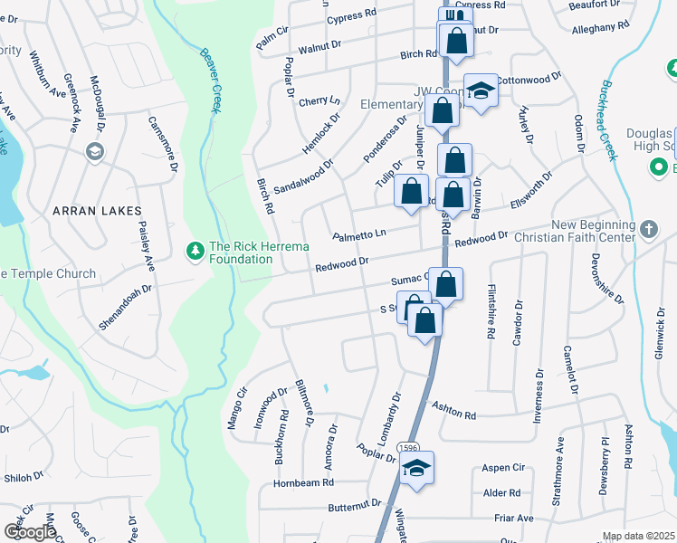 map of restaurants, bars, coffee shops, grocery stores, and more near 5209 Redwood Drive in Fayetteville