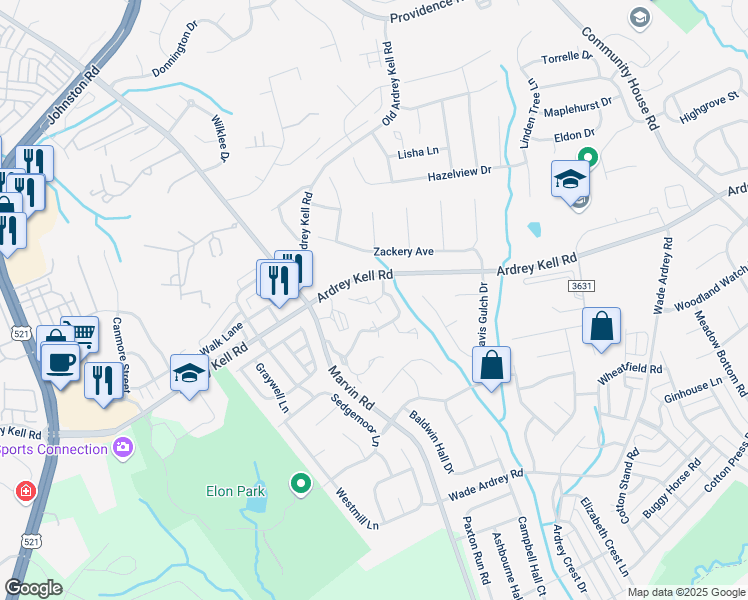 map of restaurants, bars, coffee shops, grocery stores, and more near 10917 Princeton Village Drive in Charlotte