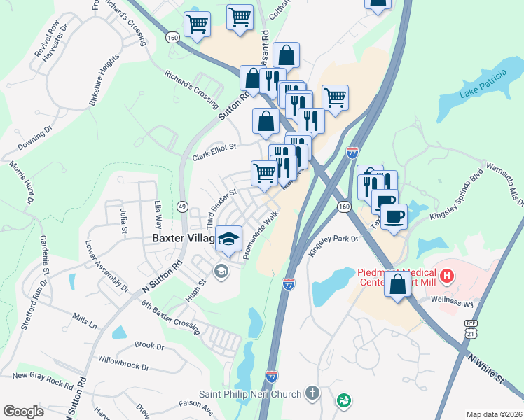 map of restaurants, bars, coffee shops, grocery stores, and more near 1047 Market Street in Fort Mill
