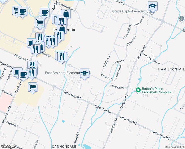 map of restaurants, bars, coffee shops, grocery stores, and more near 7555 Goodwin Road in Chattanooga
