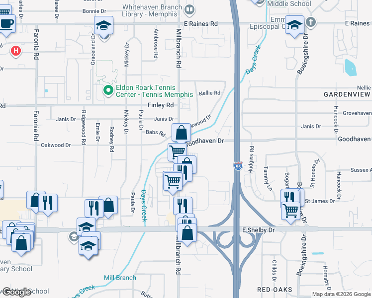 map of restaurants, bars, coffee shops, grocery stores, and more near 4455 Millbranch Road in Memphis
