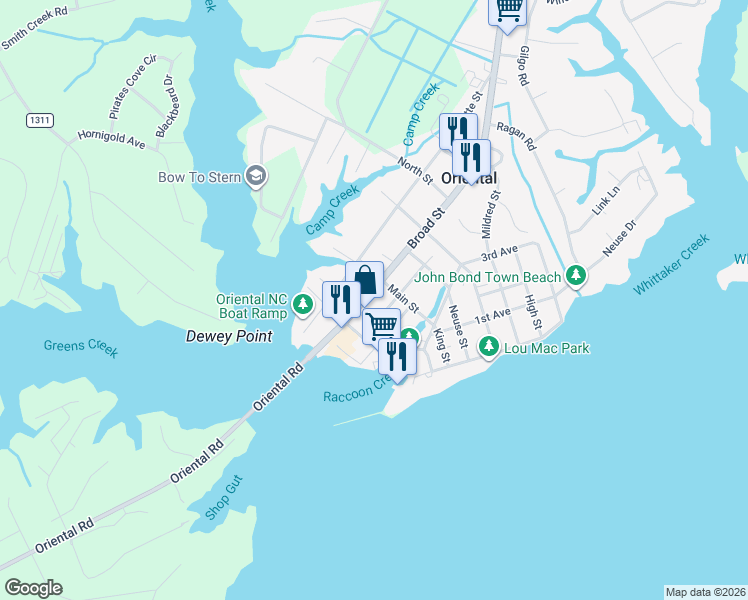 map of restaurants, bars, coffee shops, grocery stores, and more near 409 Academy Street in Oriental