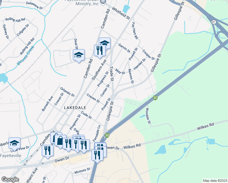 map of restaurants, bars, coffee shops, grocery stores, and more near 1802 Powell Street in Fayetteville