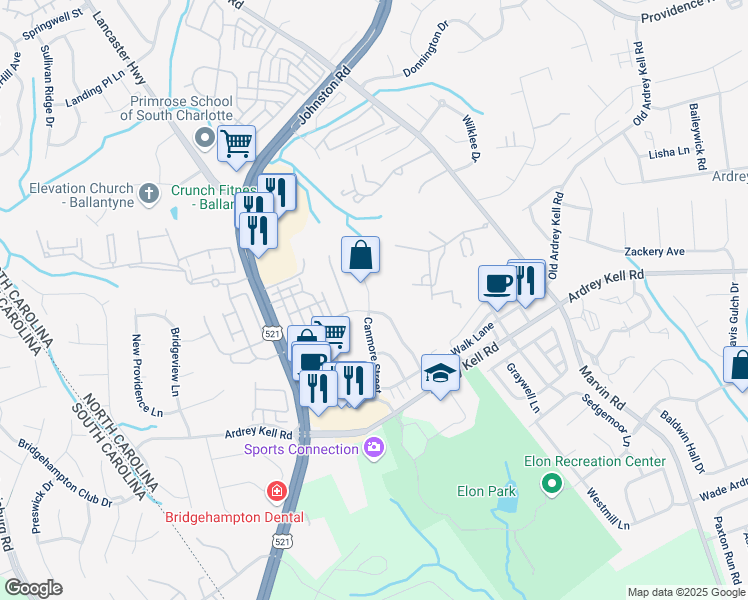 map of restaurants, bars, coffee shops, grocery stores, and more near 15431 Canmore Street in Charlotte