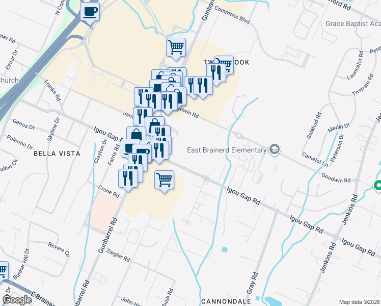 map of restaurants, bars, coffee shops, grocery stores, and more near 1920 Gunbarrel Road in Chattanooga