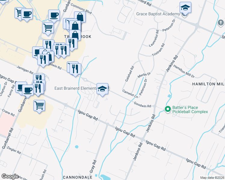 map of restaurants, bars, coffee shops, grocery stores, and more near 7555 Goodwin Road in Chattanooga