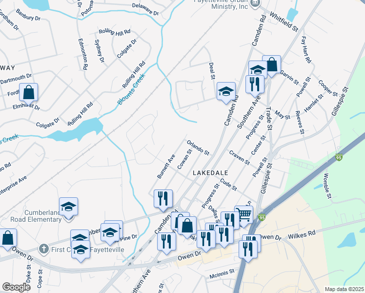 map of restaurants, bars, coffee shops, grocery stores, and more near 1919 Burnett Avenue in Fayetteville