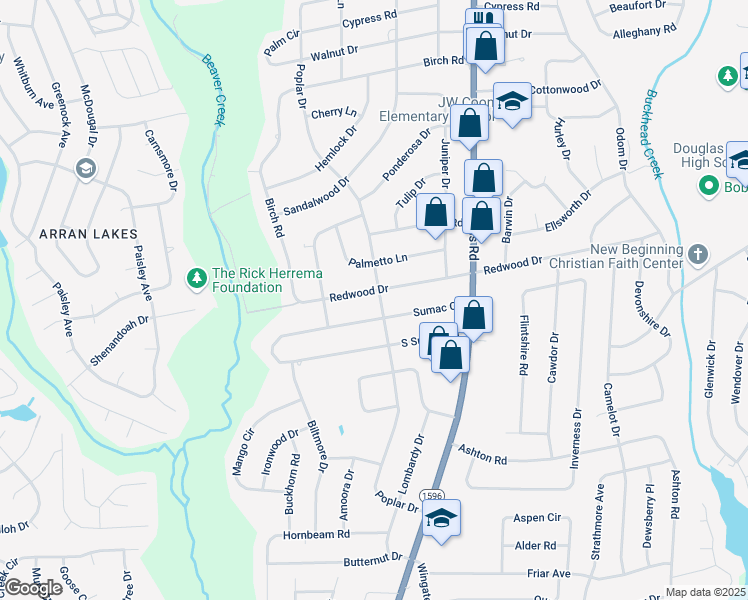 map of restaurants, bars, coffee shops, grocery stores, and more near 5209 Redwood Drive in Fayetteville