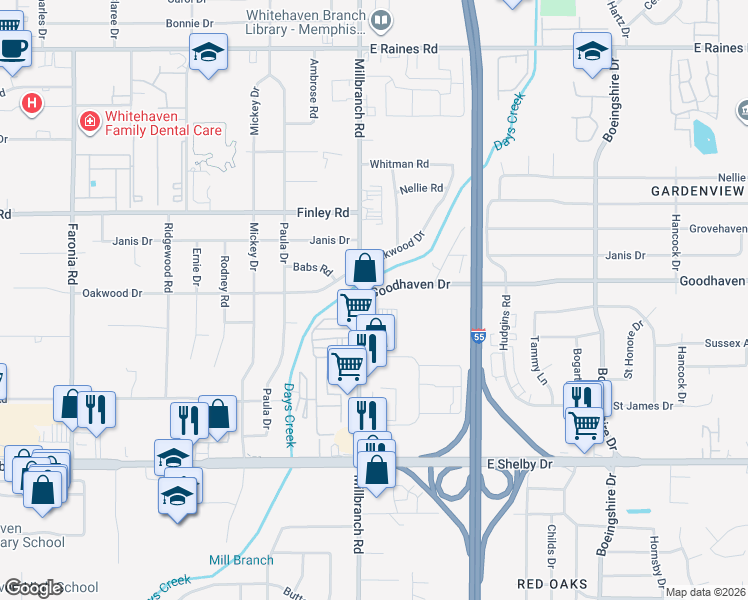map of restaurants, bars, coffee shops, grocery stores, and more near 4455 Millbranch Road in Memphis