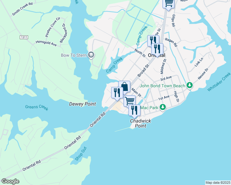 map of restaurants, bars, coffee shops, grocery stores, and more near 605 Hodges Street in Oriental