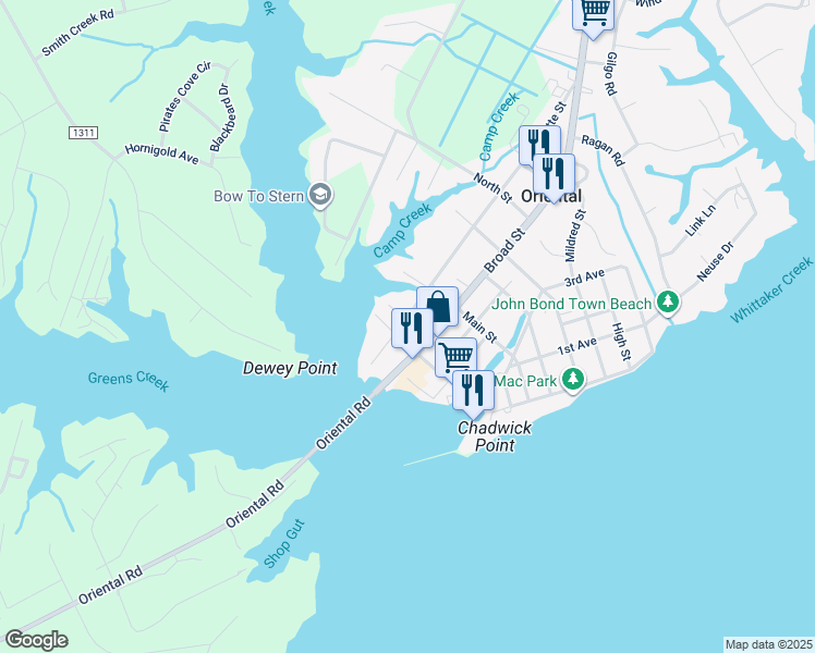 map of restaurants, bars, coffee shops, grocery stores, and more near 605 Hodges Street in Oriental