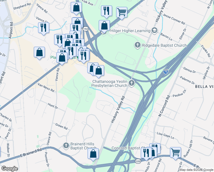 map of restaurants, bars, coffee shops, grocery stores, and more near 6543 Hickory Trace Circle in Chattanooga